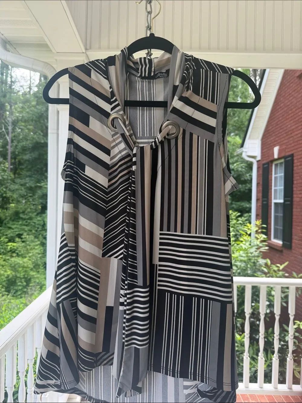 Ariella Sleeveless Geometric Stripe Blouse in Black, Gray & Cream